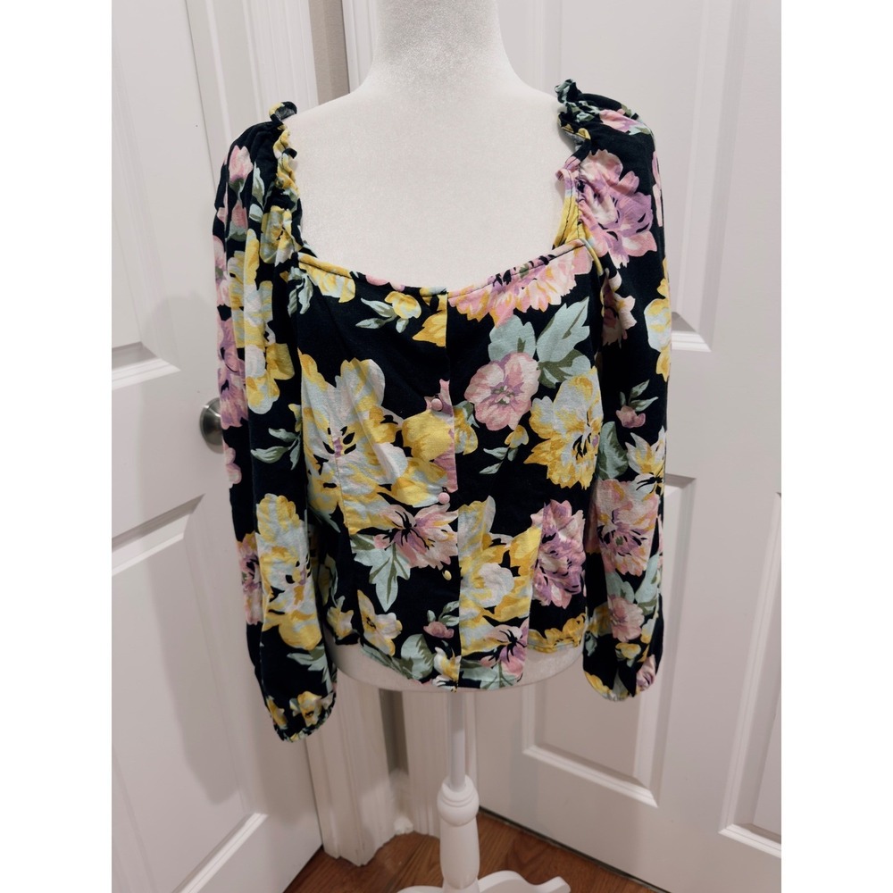 Who What Wear Floral Square Neck Puff Sleeve Linen Blend Blouse Black Large